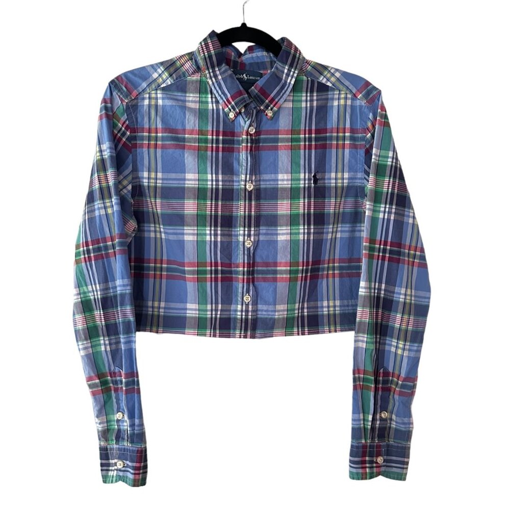 Cropped Ralph Lauren Button Up Shirt Plaid Boys XL Fits Women's Small/ Medium
